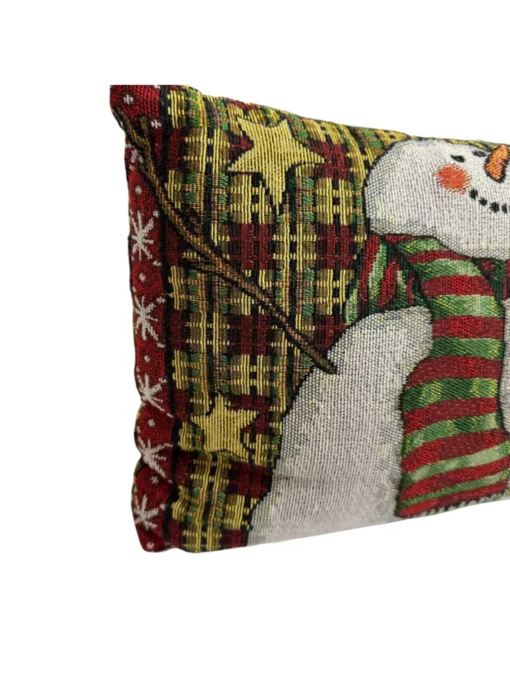 Christmas Tapestry Pillow Snowman Joy Winter Holiday Stars Green Red Gold White